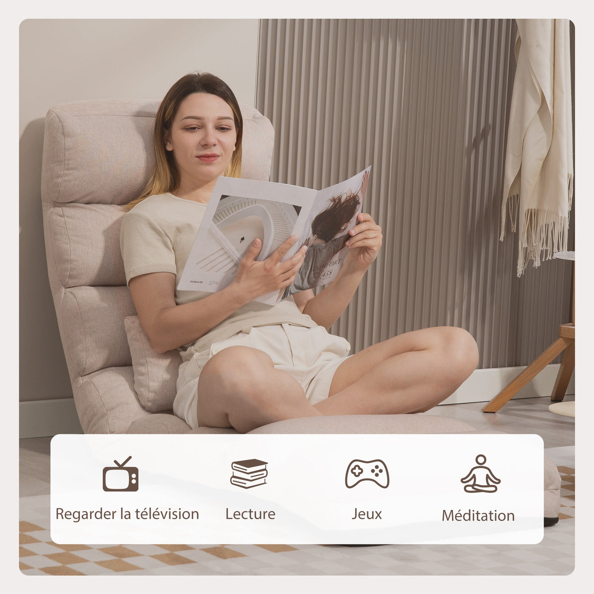 Chauffeuse 1 place fauteuil convertible avec dossier et appui-tête réglables sur 5 positions, 58x119x78cm, beige