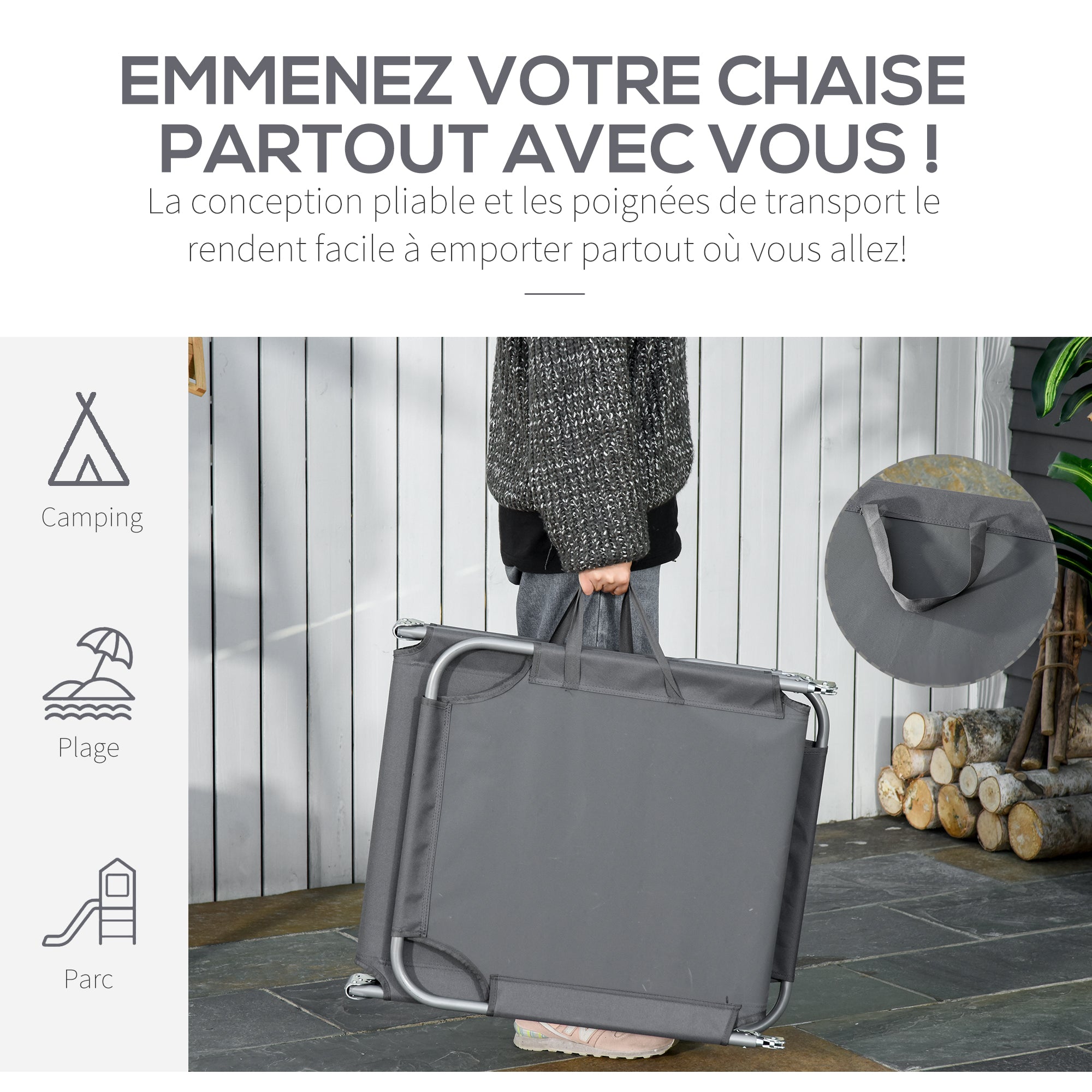 Bain de Soleil transat Pliable Dossier réglable Multipositions métal et Polyester Gris