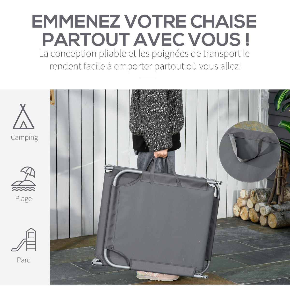 Bain de Soleil transat Pliable Dossier réglable Multipositions métal et Polyester Gris