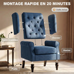 Fauteuil de Salon, Fauteuil Capitonné avec Pieds en Bois, Assise Large, Grand Confort, Classique, 74x86x102cm, Bleu