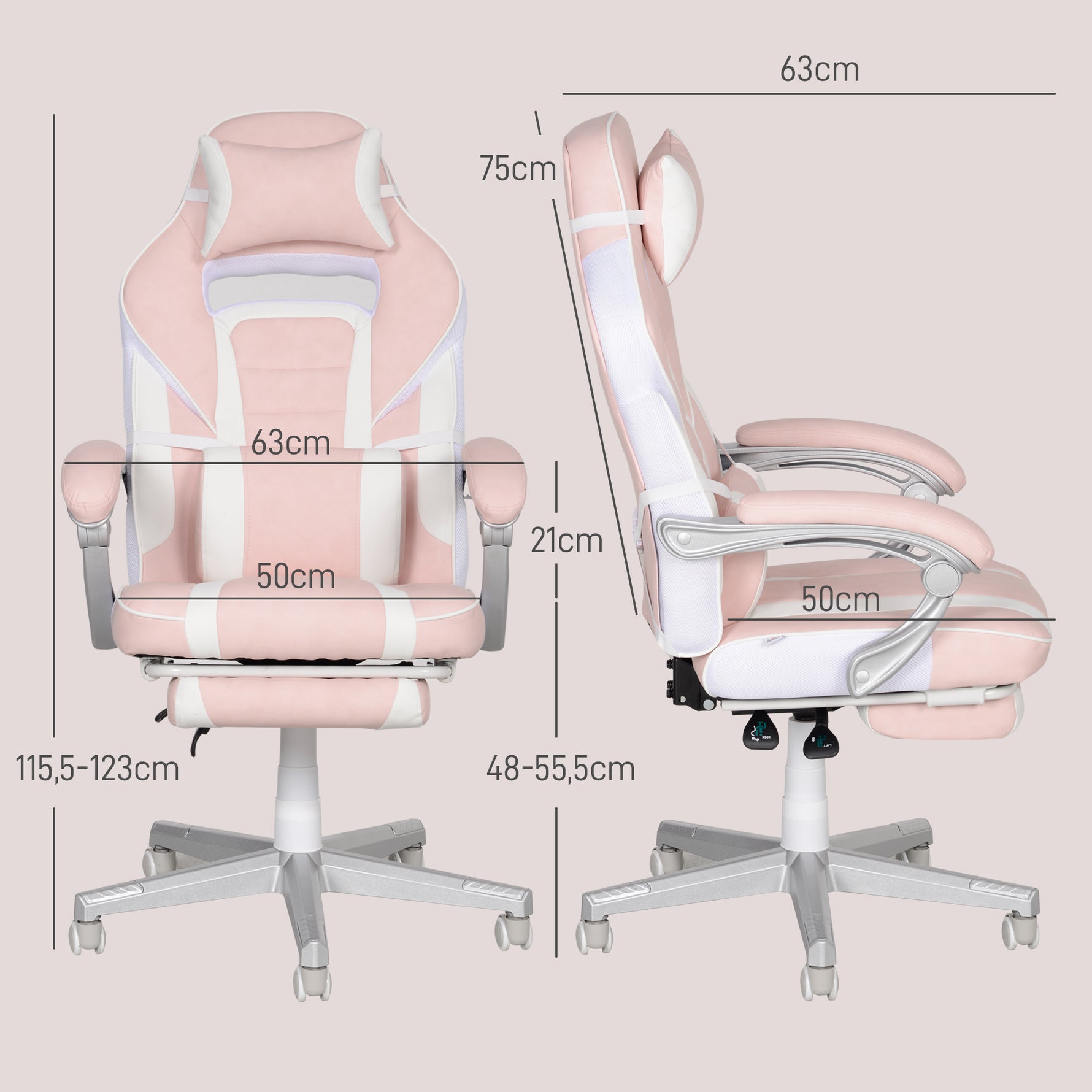 Chaise gaming, fauteuil gaming ergonomique avec repose-pieds, hauteur réglable, dossier inclinable, 63x63x123cm, rose
