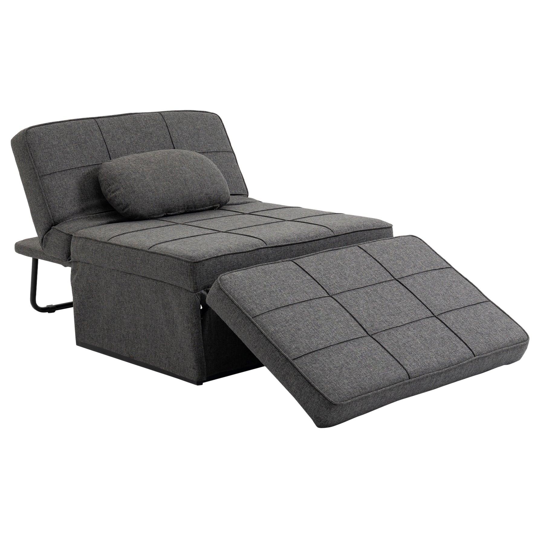 Chauffeuse 1 place 4 en 1 Fauteuil lit Convertible Pouf Dossier inclinable 5 Niveaux Repose-Pied Rabattable, Charge 200 Kg, châssis métal et Tissu Lin gris
