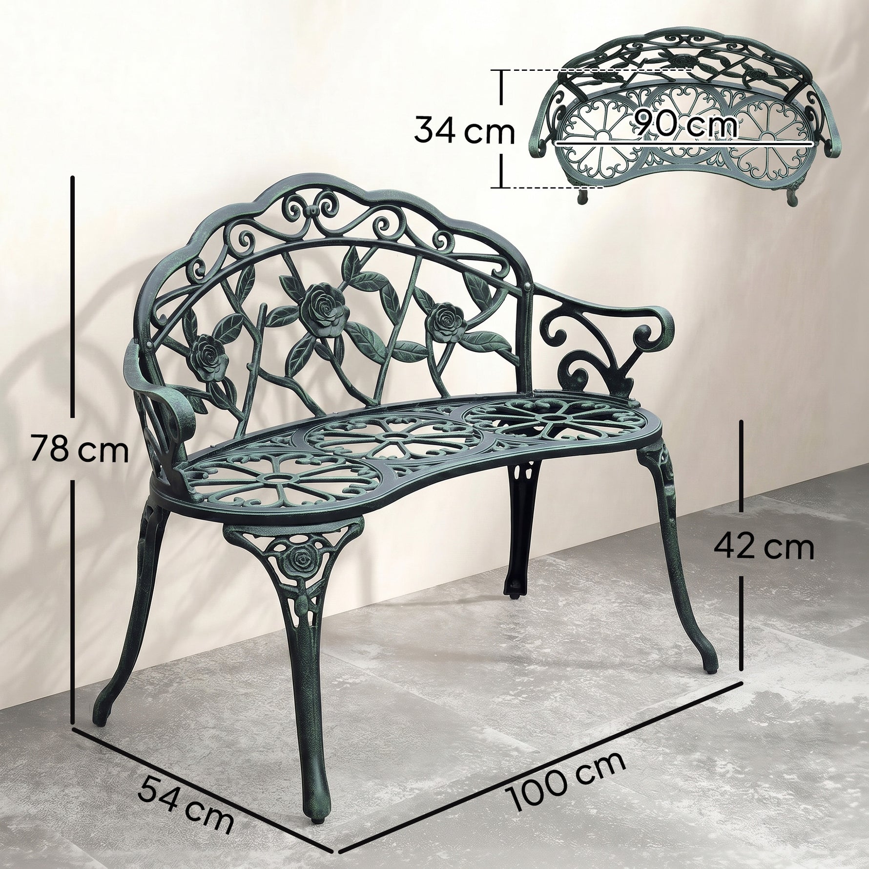 Banc de Jardin 2 Places Style néo-rétro Motif Rose Lignes fuselées 100L x 54l x 78H cm Fonte d'aluminium Vert
