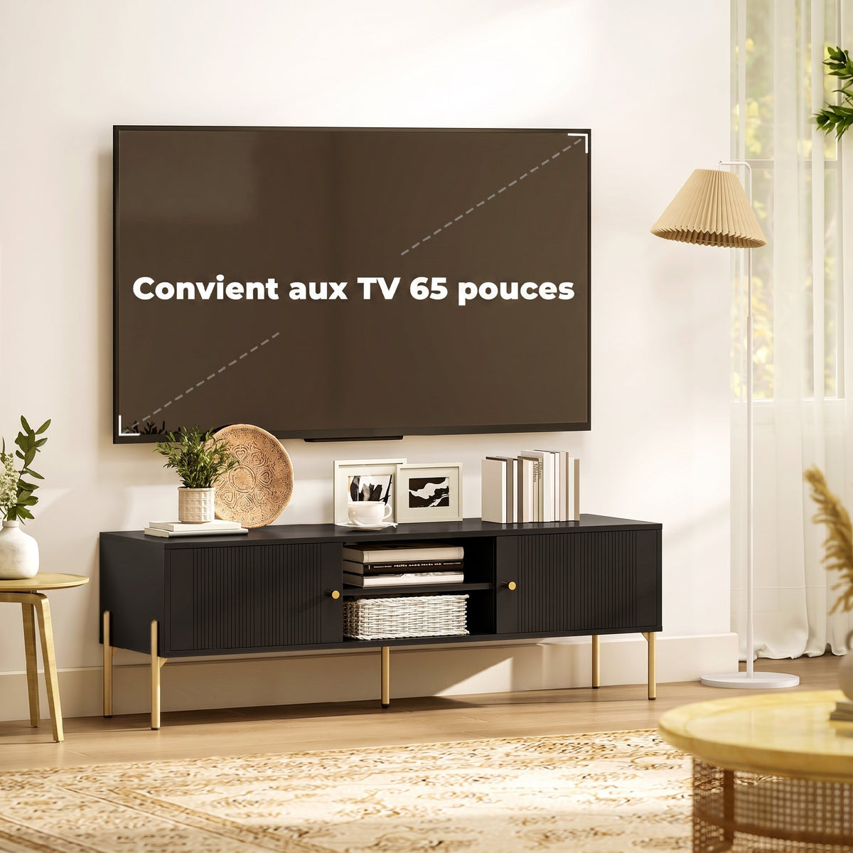 TV-meubel voor tv's tot 65", geribbelde deuren, open vakken, stalen poten, 140 x 38 x 45,9 cm, zwart