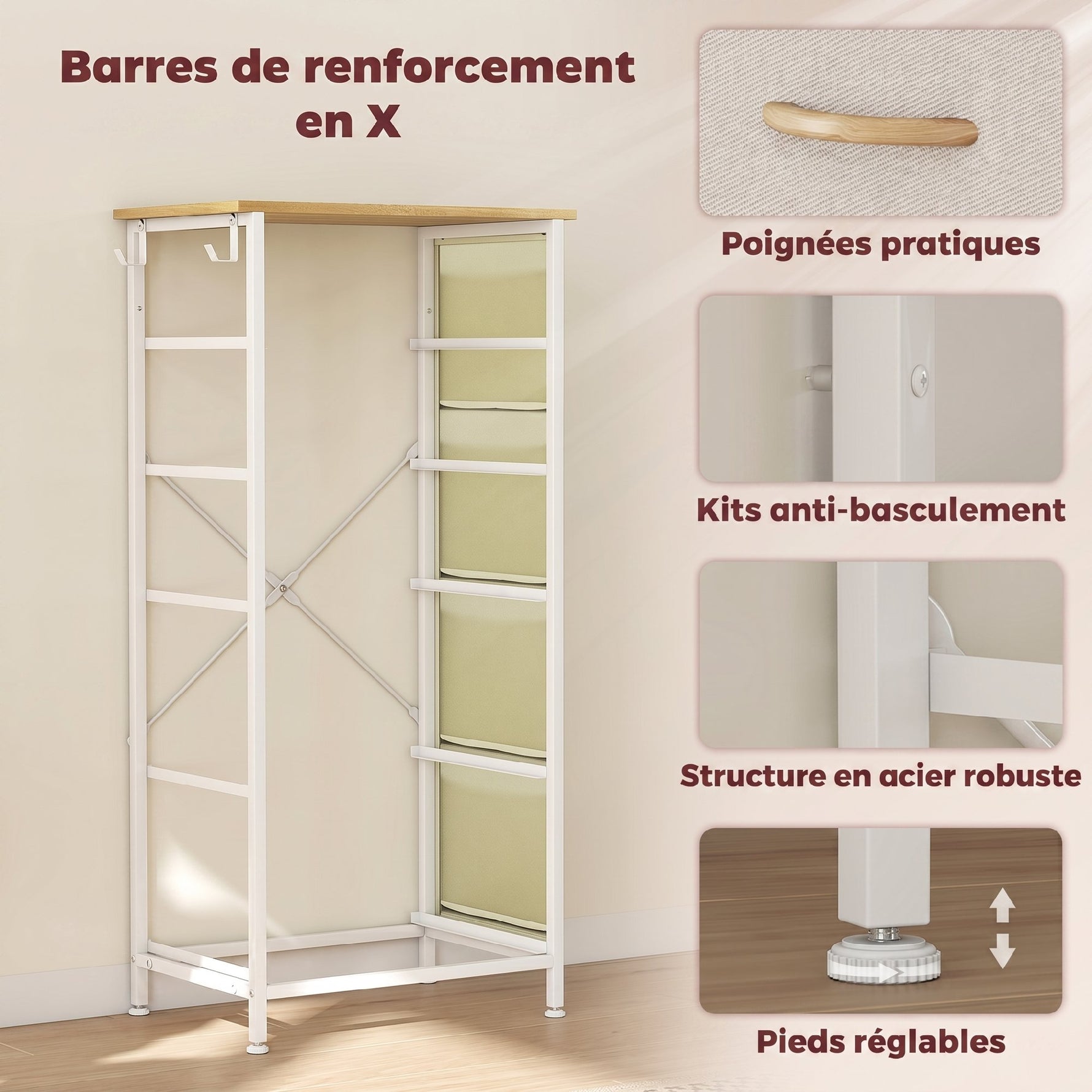 Commode 5 tiroirs en tissu, meuble de rangement avec 4 poches, 2 crochets, structure en acier, 45 x 30 x 94,5 cm, beige