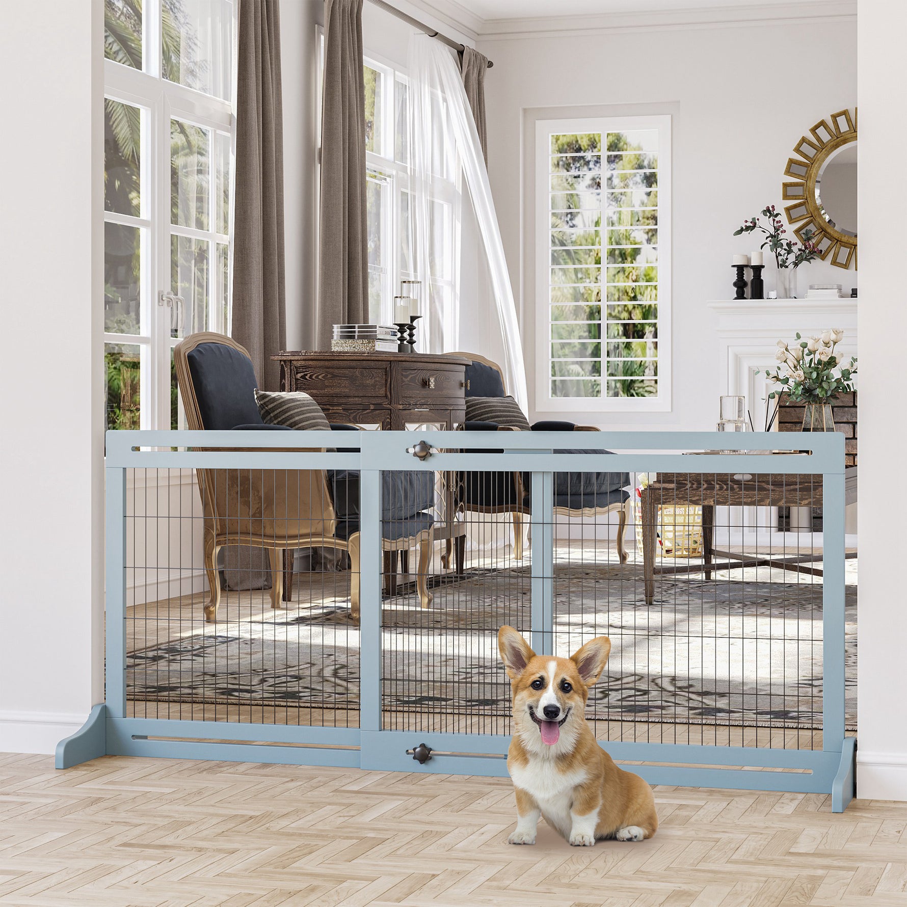 Barrière de sécurité pour chien extensible longueur réglable 104-180 x 36 x 69 cm pin bleu gris