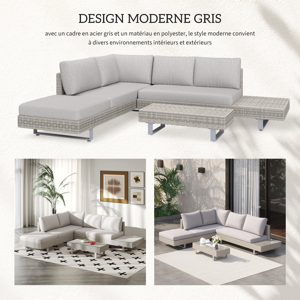 Salon de jardin extérieur d'angle 5 places design contemporain coussins déhoussables table basse acier époxy résine tressée grise
