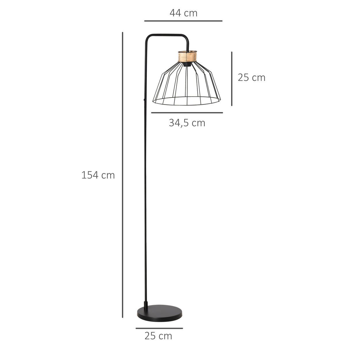 Lampadaire lampe à pied design élégant en métal avec décoration en rotin idéal pour maison bureau restaurant et café 44 x 34 x 154 cm noir