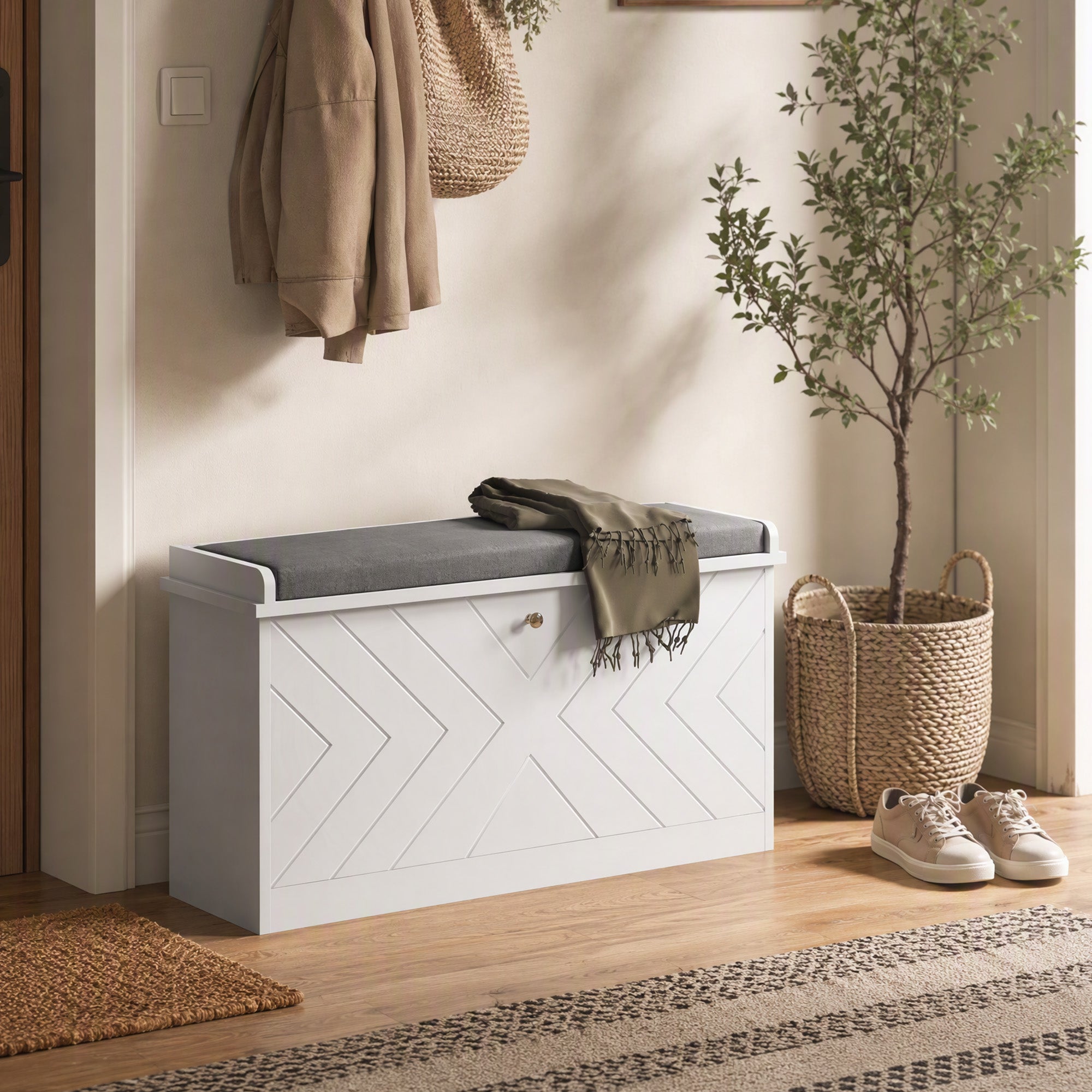 Panca scarpiera con anta a ribalta, cuscino di seduta e ripiano regolabile, 80 x 26 x 48 cm, bianco