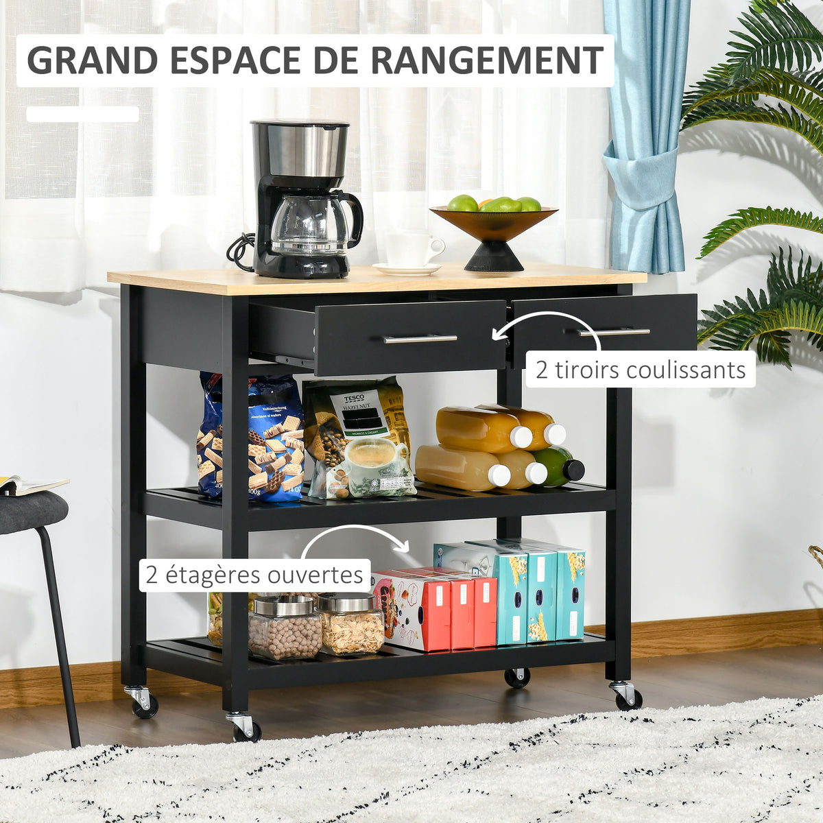 Chariot de service desserte de cuisine à roulettes 2 étagères 2 tiroirs noir bois naturel