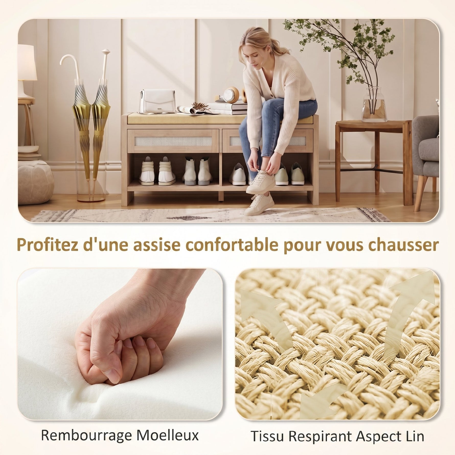 Banc chaussures entrée, banc de rangement, assise rembourrée en lin, 2 tiroirs en rotin et étagère ouverte, chêne