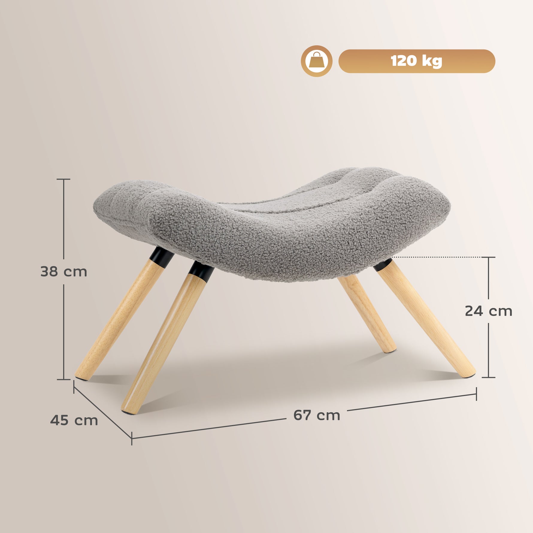 Repose pied salon ottoman pouf salon tabouret de canapé en tissu avec pieds en bois de hêtre, siège rembourré, gris