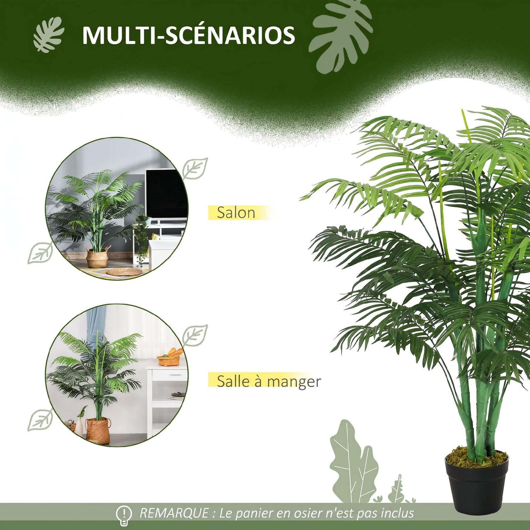 Palmier Artificiel 125 cm avec 18 Grandes Feuilles, Base en Ciment et Mousse de Lichen en PE, pour Salon Chambre, Vert
