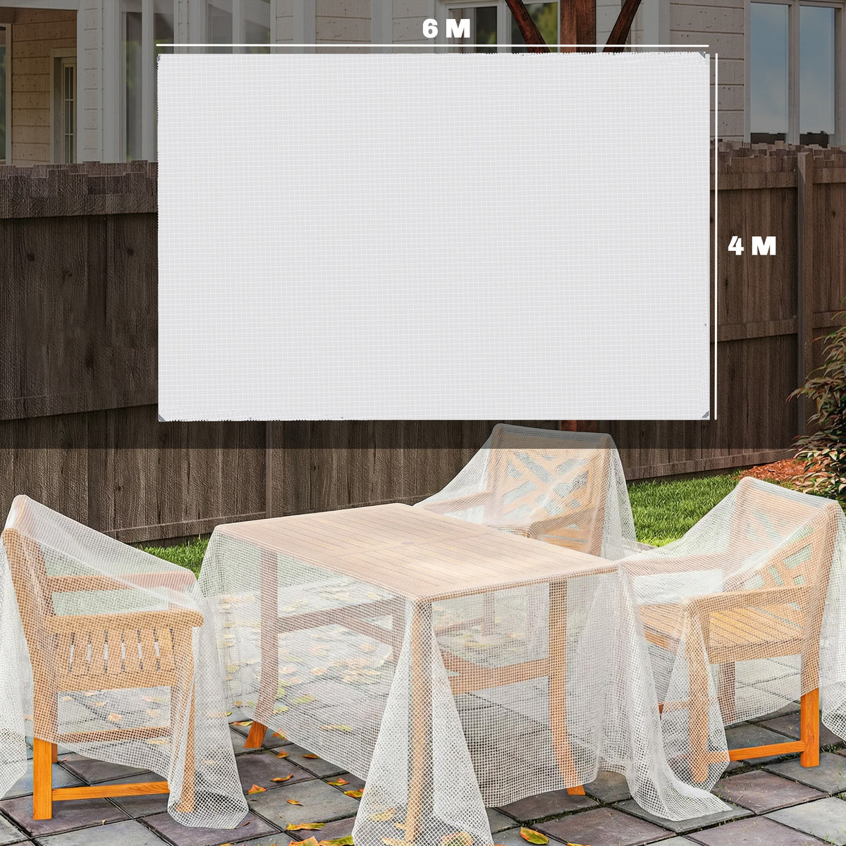 Telo di protezione 6x4 m in PE 140 g/m² con 20 occhielli rinforzati, telo impermeabile anti-UV per giardino e piscina, bianco