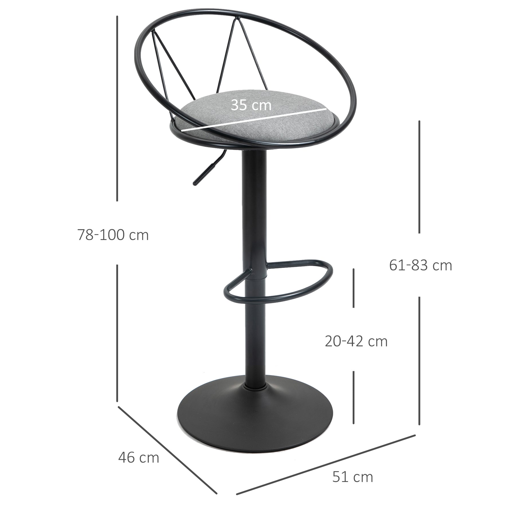 Lot de 2 tabourets de Bar Design néo-rétro réglable pivotant avec Repose-Pied métal Noir Lin Gris