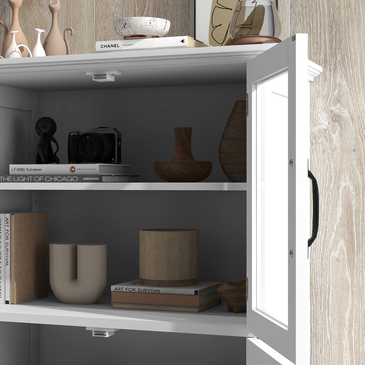 Buffet de cuisine armoire multi-rangements 2 placards, portes en verre, 4 étagères en bois blanc