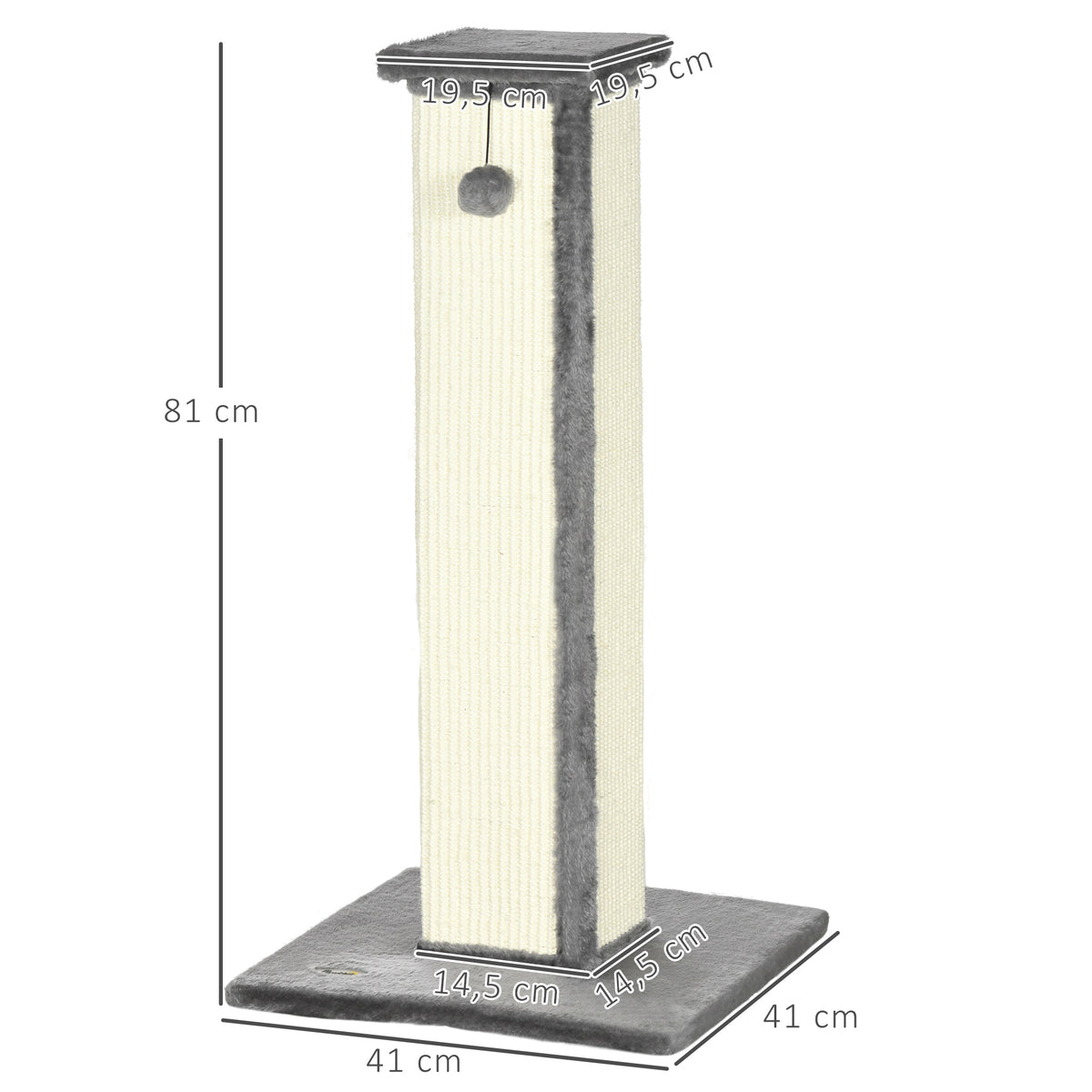Griffoir pour chat poteau griffoir chat en sisal et peluche, boule suspendue base stable 41 x 41 x 81 cm gris et crème