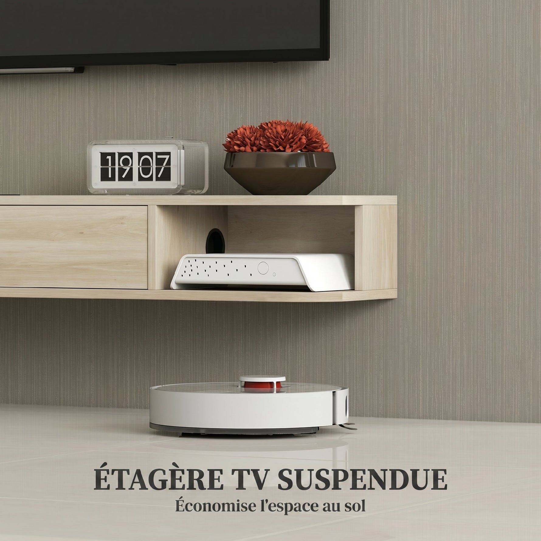 Meuble TV suspendu, meuble télé pour téléviseur jusqu'à 60 pouces, tiroir rabattable 2 étagères 140x24x16cm bois naturel