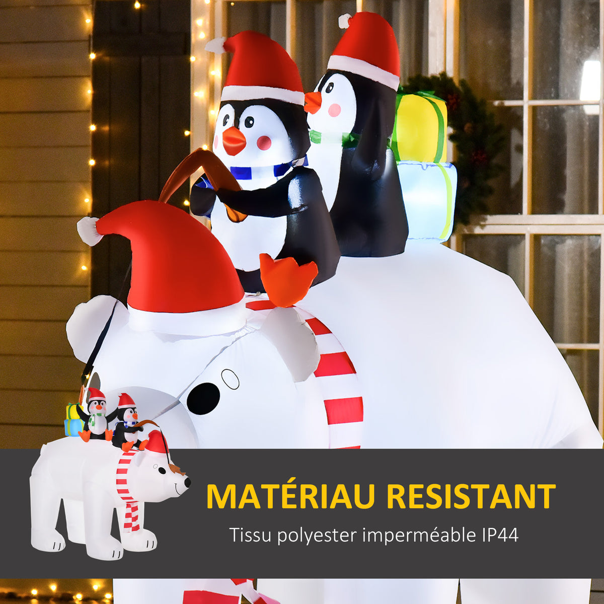 Ours Polaire Gonflable de Noël avec Lumières LED 206cm Décoration Gonflable de Noël Imperméable avec 2 Pingouins