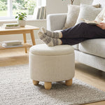 Ronde opbergpoef van jute, voetenbankje met deksel, poten van rubberwood, beige