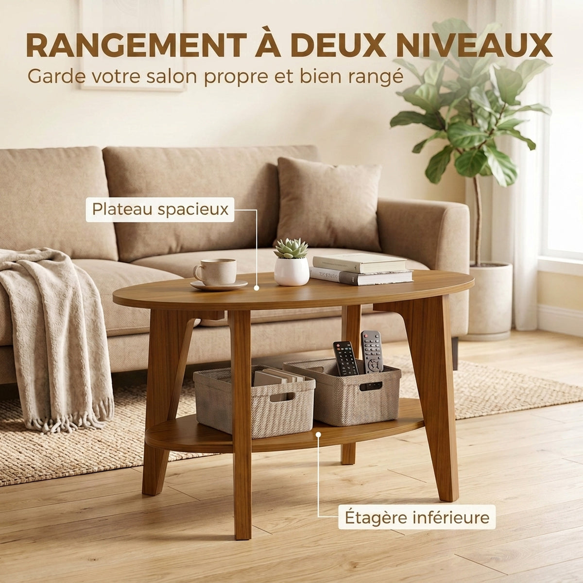 Table Basse Ovale à 2 Niveaux, Table de Salon Moderne avec Étagère Inférieure Ouverte, 80 x 50 x 45 cm, Chêne
