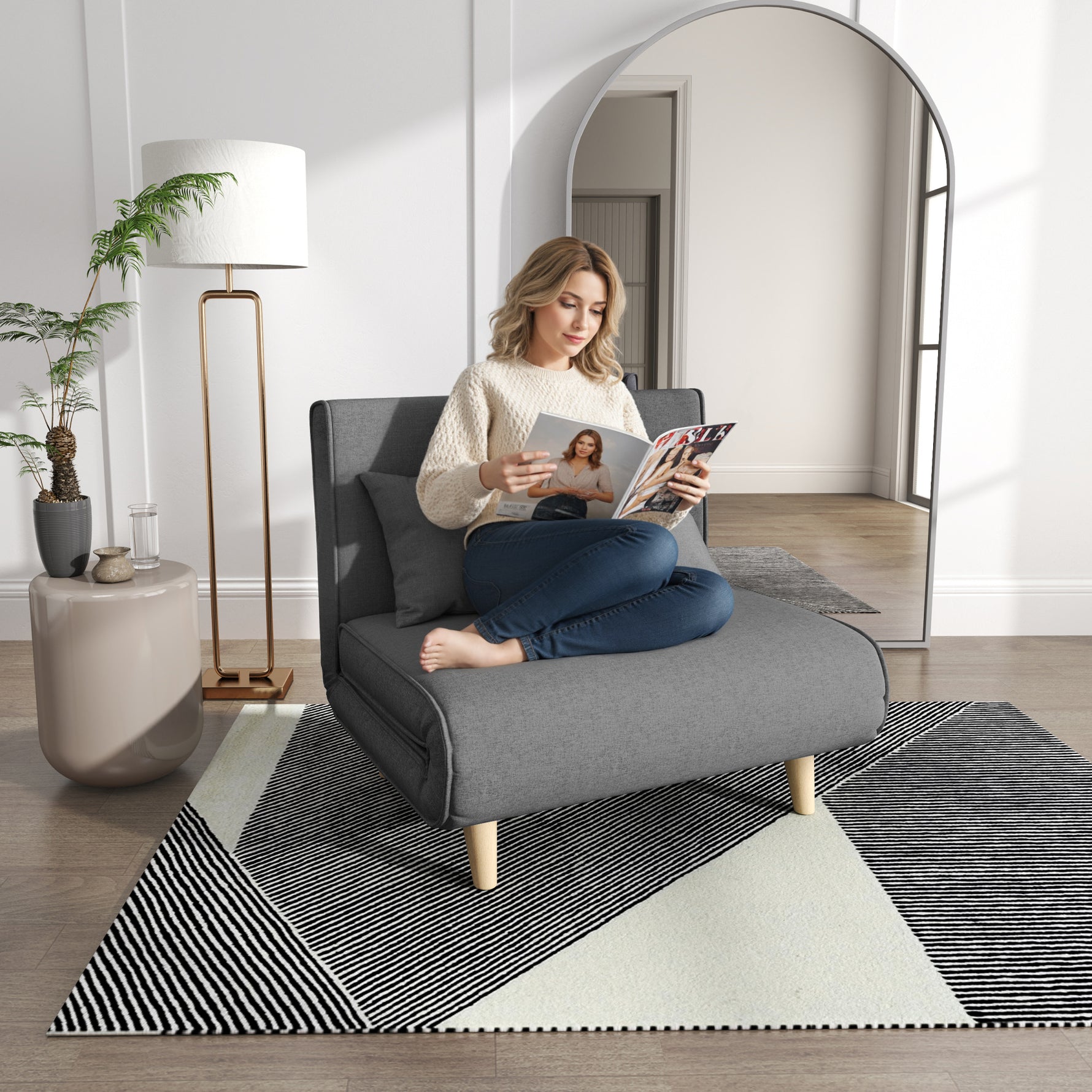Fauteuil convertible 1 place, fauteuil-lit chauffeuse 3 en 1, dossier réglable, oreiller, tissu en lin, 94x78x80cm, gris