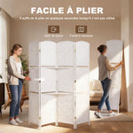 Paravent séparateur de pièce 4 panneaux 160 x170 cm avec 2 étagères, pliable, en bois