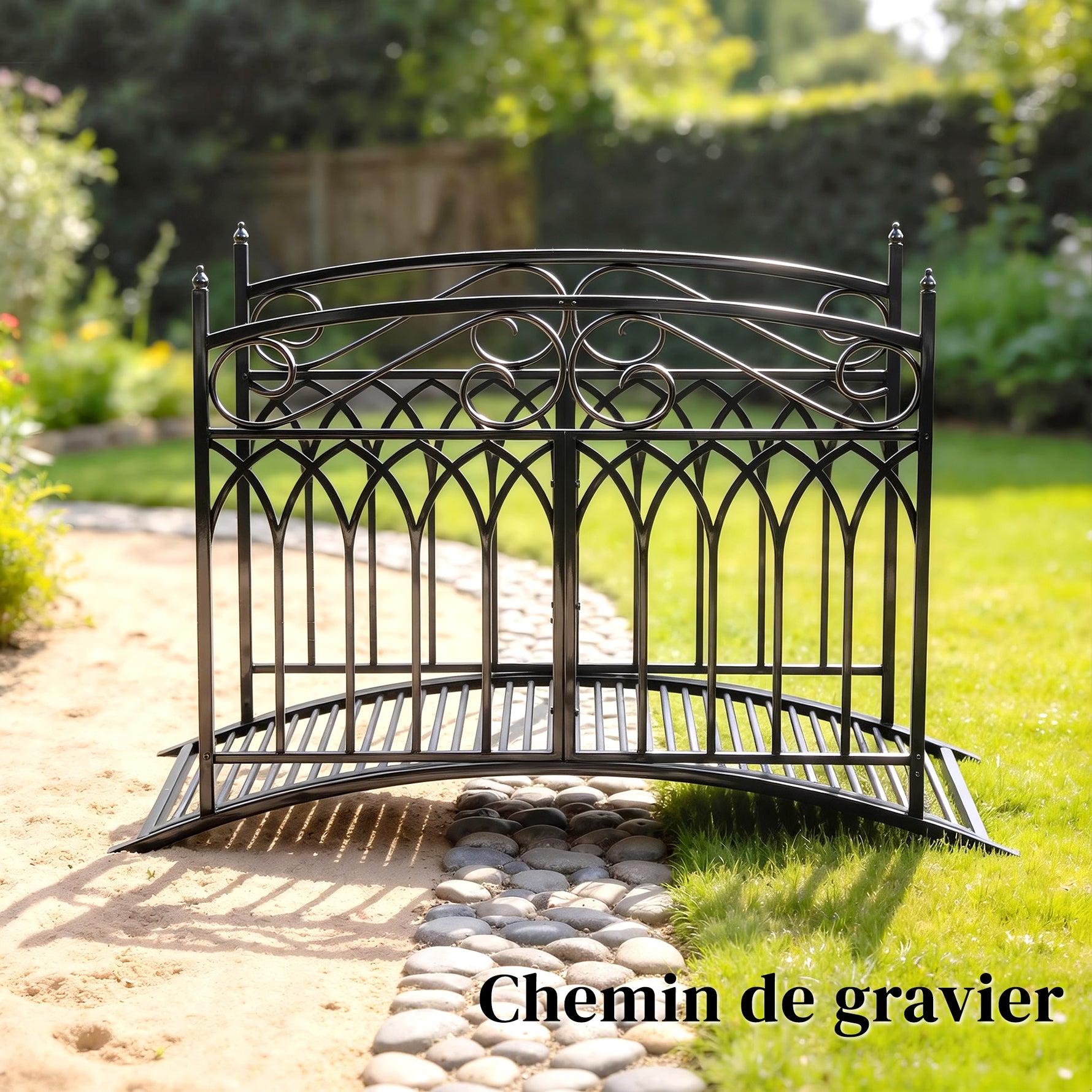 Pont de Jardin en Métal Style Baroque Passerelle Décorative avec Garde-Corps 91cm et Charge 100kg Noir