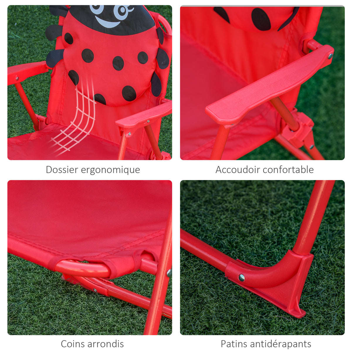 Ensemble Salon de Jardin Enfant 4 pcs Design Coccinelle - Table Ronde + 2 chaises Pliables + Parasol - métal époxy Oxford Rouge