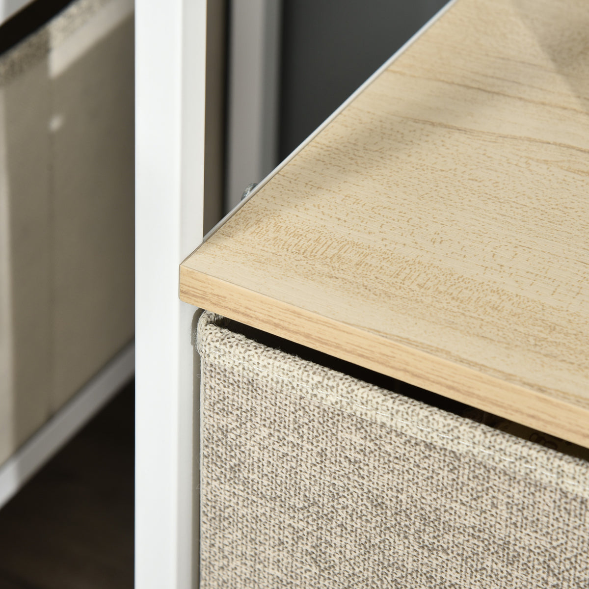 Meuble TV Bas sur Pieds Style Industriel 2 tiroirs en Tissu Gris Bois Naturel et métal Blanc