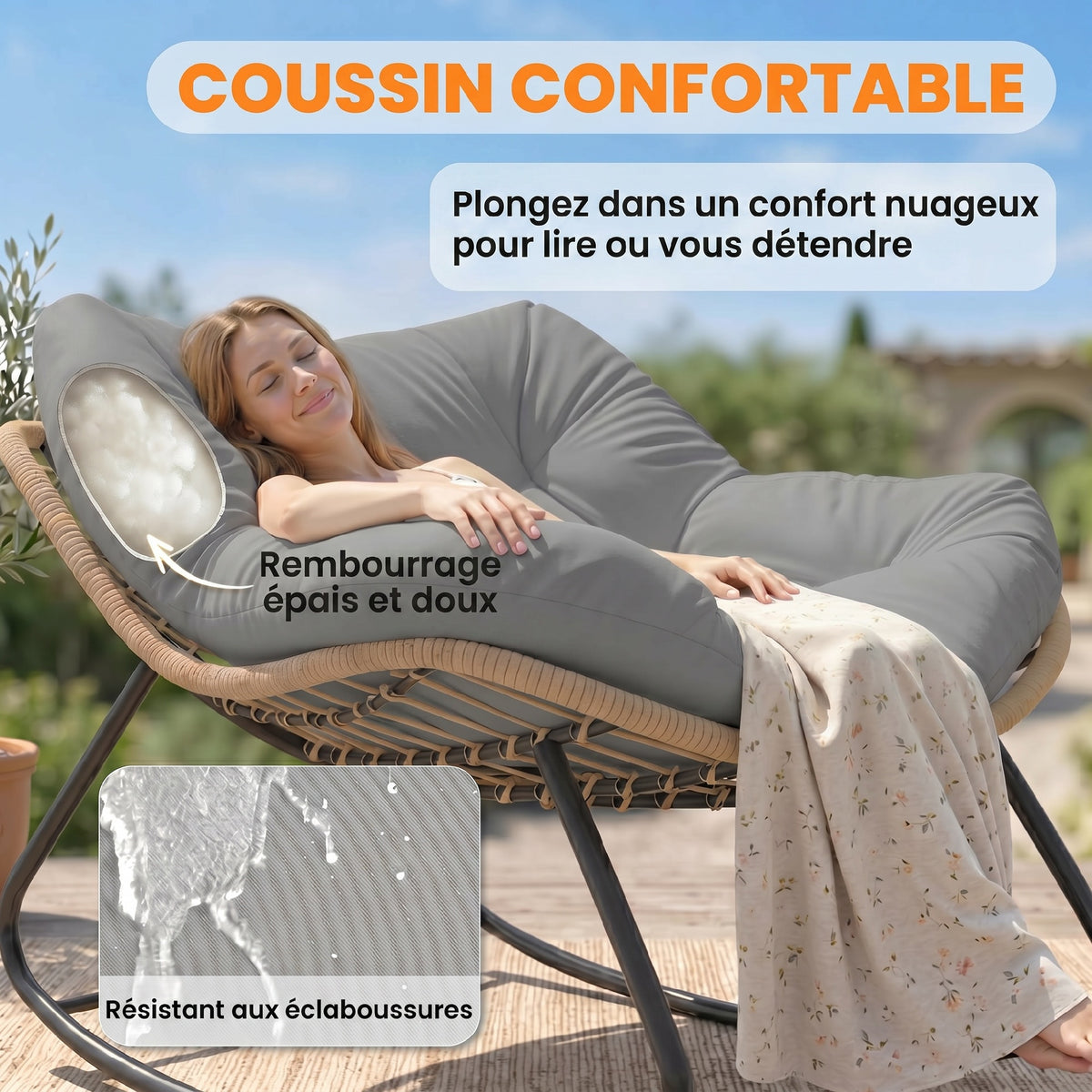 Fauteuil à Bascule Papasan Intérieur Extérieur, Chaise Ovale à Bascule Rembourrée pour Jardin, Patio, Gris