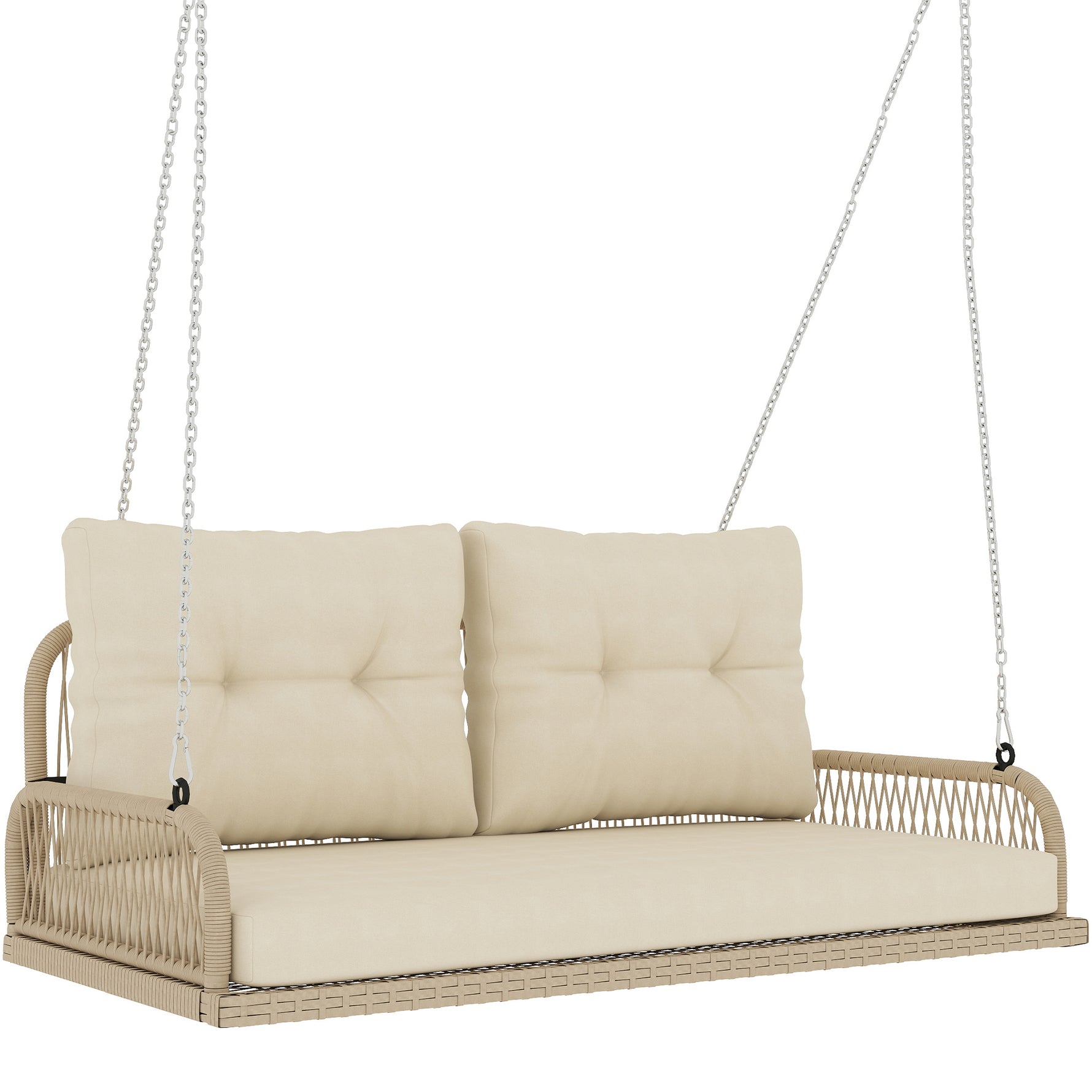 Banc Suspendu Extérieure 2 Places en Résine Tressée avec Coussins et Chaînes en Acier, 115x66x44cm, Beige