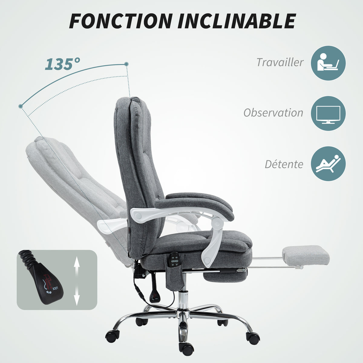 Fauteuil de bureau massant et chauffant chaise de bureau avec hauteur réglable dossier inclinable 66x60x113-121cm gris