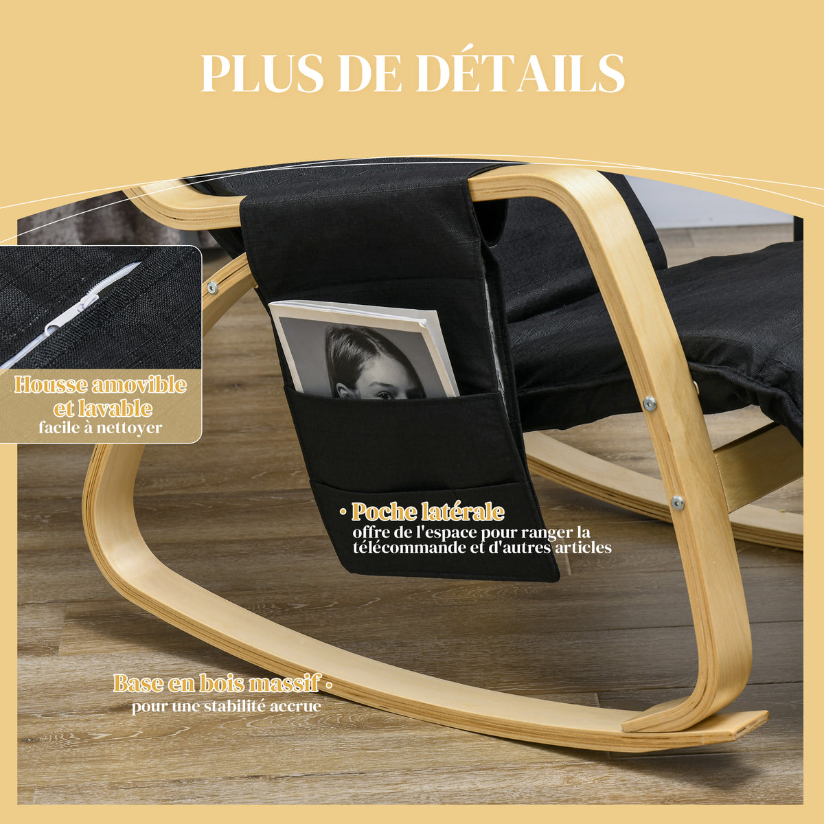 Fauteuil relax à bascule fauteuil allaitement avec repose-pieds réglable, poche latérale et appui-tête, noir