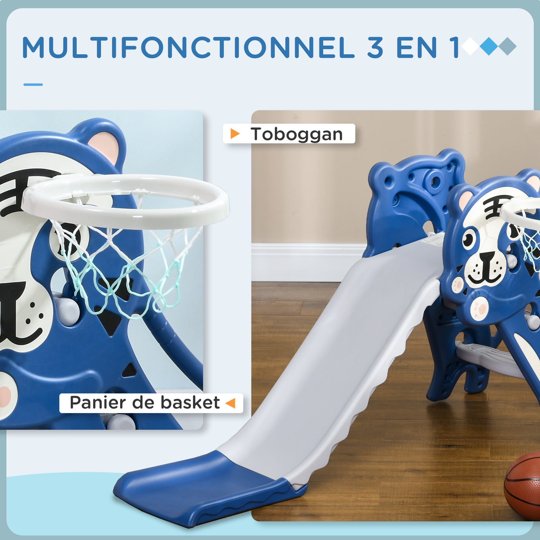 Toboggan pour enfants, toboggan intérieur pour enfants, avec panier de basket, thème tigre, de 18 à 36 mois, bleu