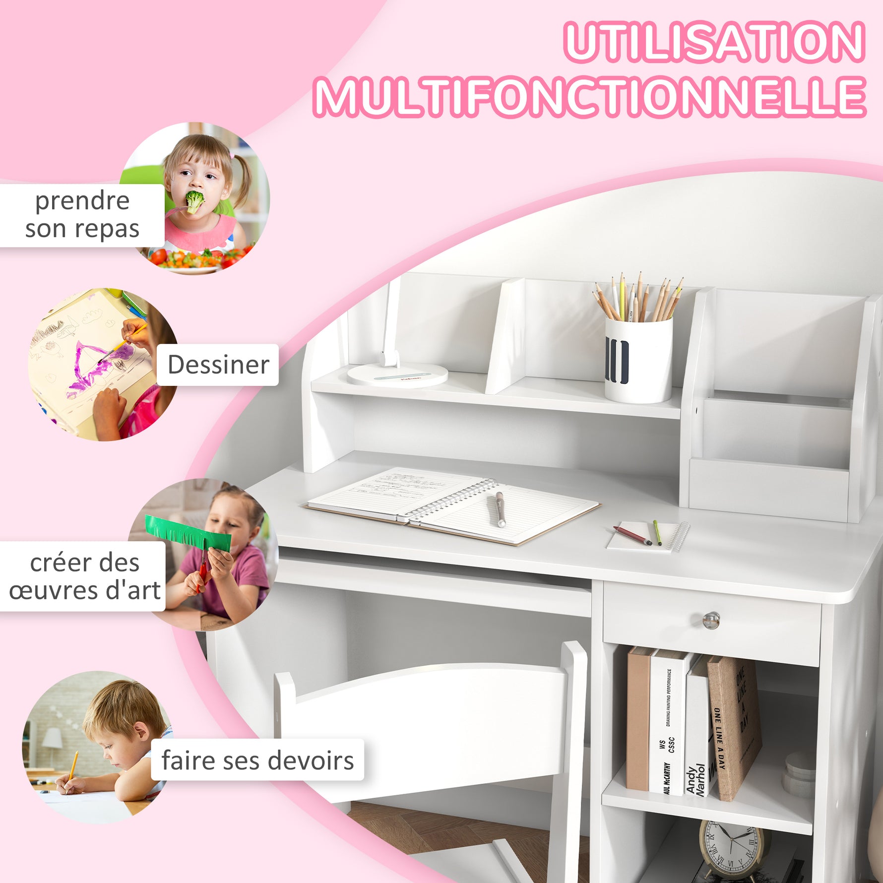 Bureau enfant avec chaise ergonomique avec clavier coulissant tiroir niches et étagères ouvertes 90 x 45 x 90 cm blanc