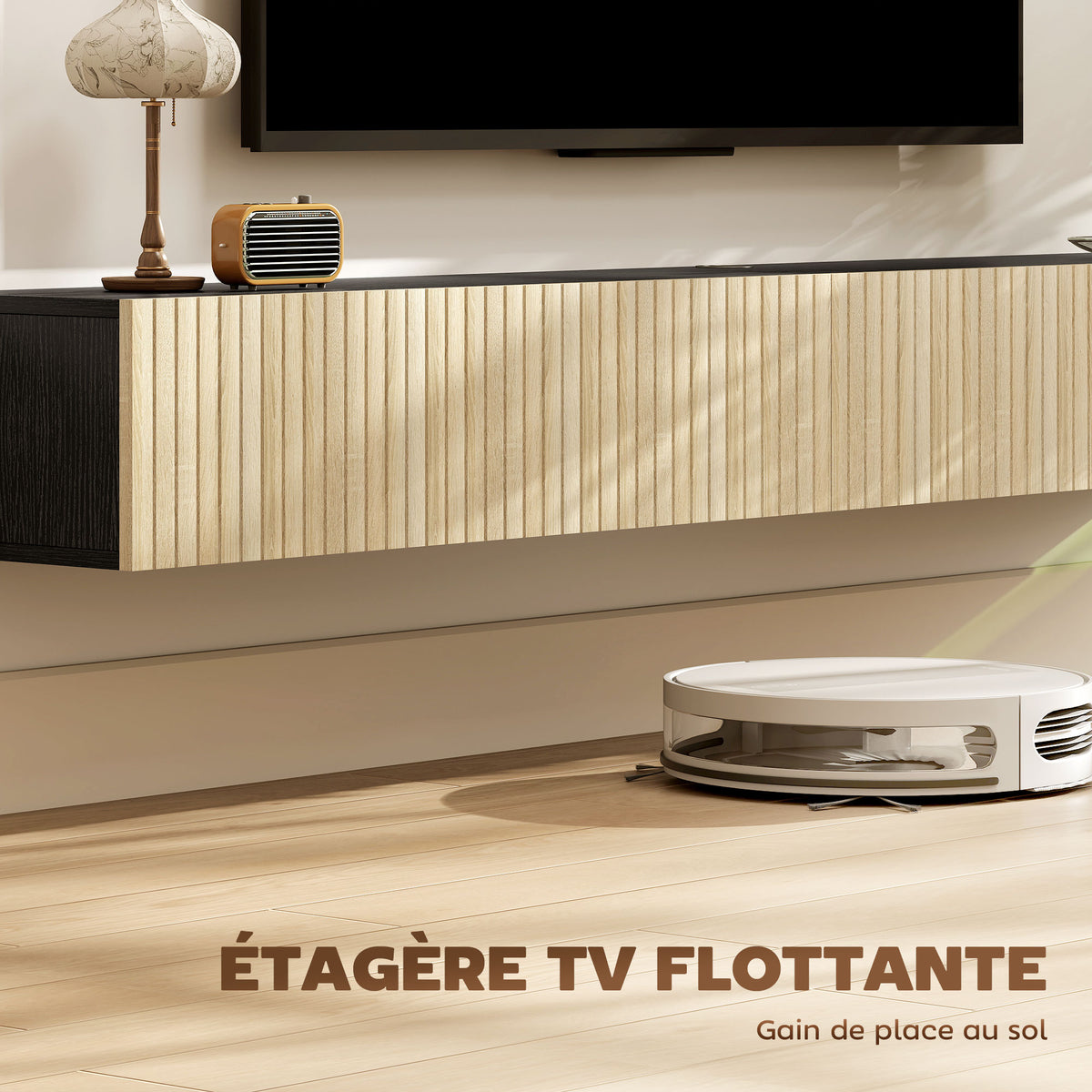 Meuble TV suspendu 140cm, meuble télé pour téléviseur 72 pouces, 2 portes rabattables, 140x25x22cm, bois naturel et noir