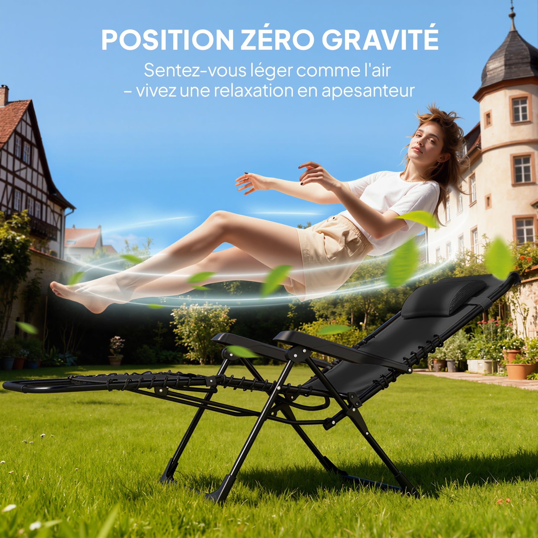 Lot de 2 chaise longue pliable et inclinable avec table d'appoint, porte-gobelets et appuie-têtes, charge 120 kg, noir