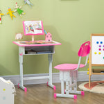 Children's desk and chair with reading stand, storage compartment, hook, and pen holder, 60 x 45 x 90-102 cm, pink
