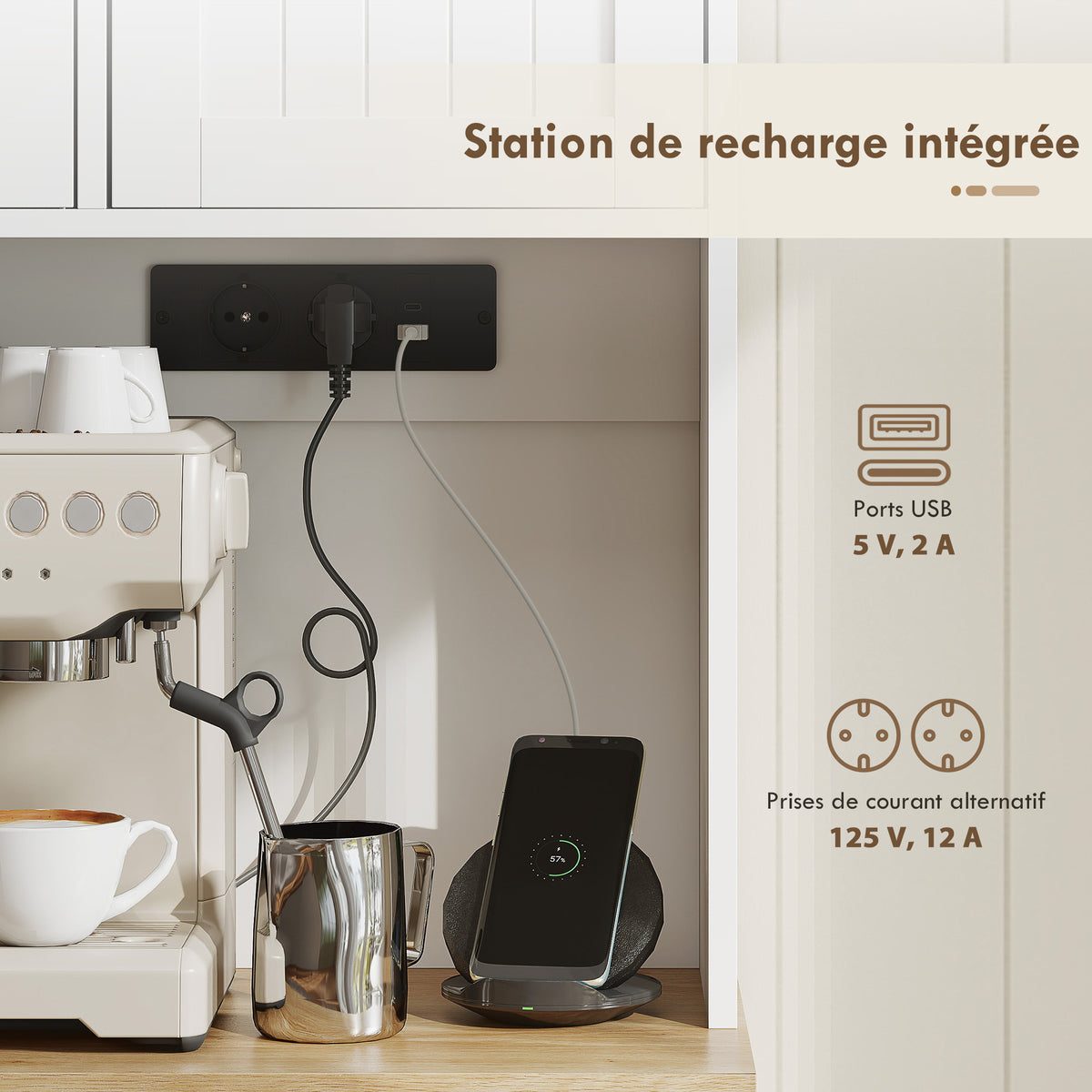 Buffet haut cuisine, armoire de cuisine, station de charge, 6 portes, plan de travail, porte-épices, 100x40x173cm, blanc