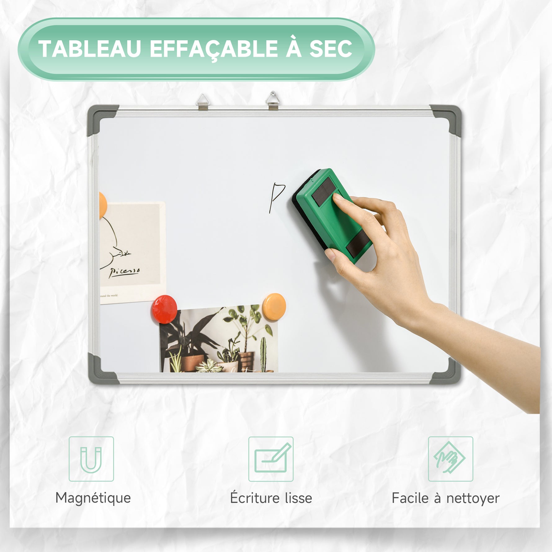 Tableau blanc magnétique cadre aluminium 60 x 45 cm avec feutres, effaceur et aimants