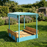 Sandkasten aus Holz mit Deckel, Outdoor-Sandkasten für Kinder mit klappbaren Sitzen und bedruckter Plane mit blauen Flamingos