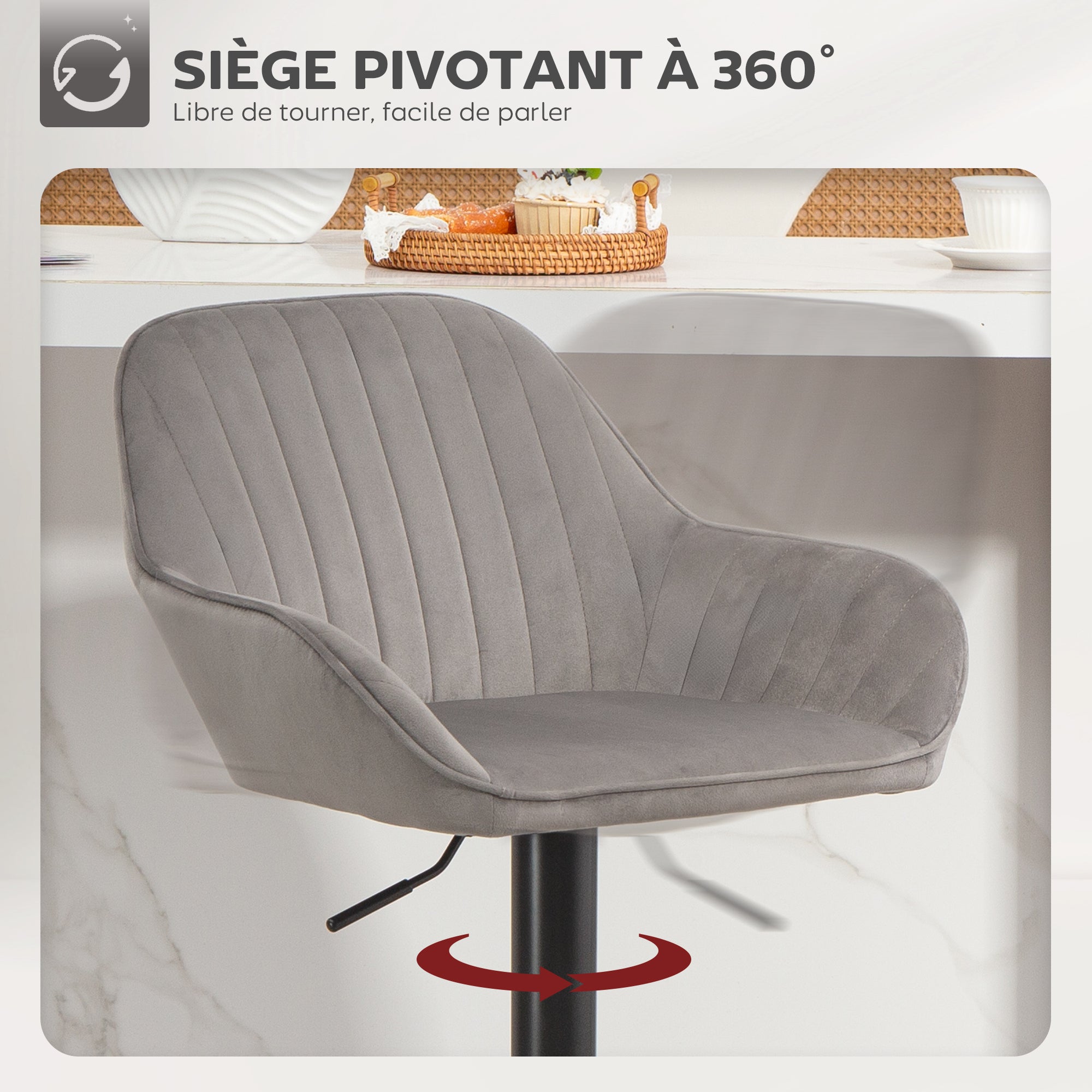 Lot de 2 tabourets de bar, chaises de bar en velours avec dossier, repose-pieds, hauteur réglable et pivotante gris