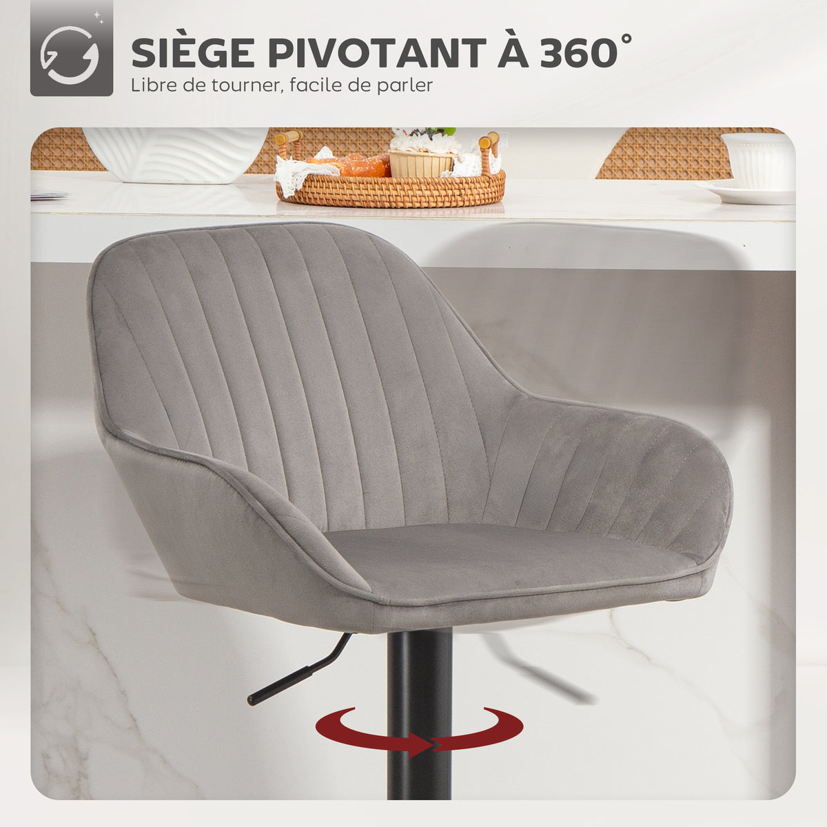 Lot de 2 tabourets de bar, chaises de bar en velours avec dossier, repose-pieds, hauteur réglable et pivotante gris