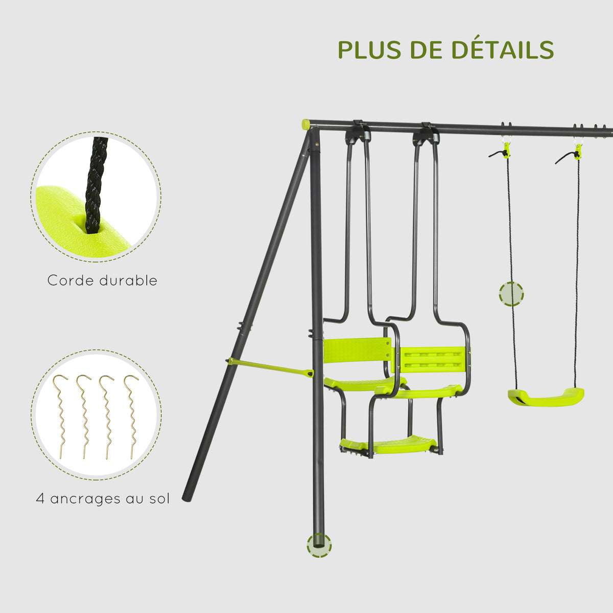 Balançoire 4 agrès portique avec balançoire - dim. 3,55L x 1,84l x 1,86H m métal époxy anticorrosion PE Gris
