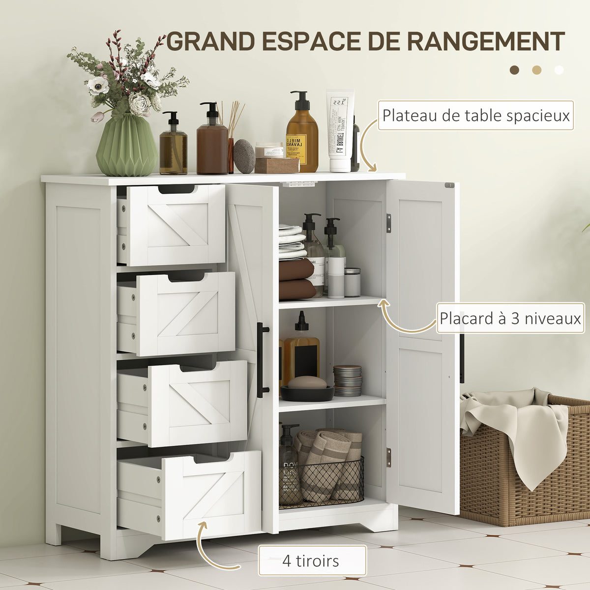 Meuble de salle de bain, meuble de rangement, avec 4 tiroirs, 1 placard, pour petits espaces, 81,2 x 30 x 83,8 cm, blanc