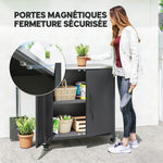 Gartenschrank aus Metall, Outdoor-Aufbewahrungsschrank, Edelstahl-Dach und Rollen, Schwarz
