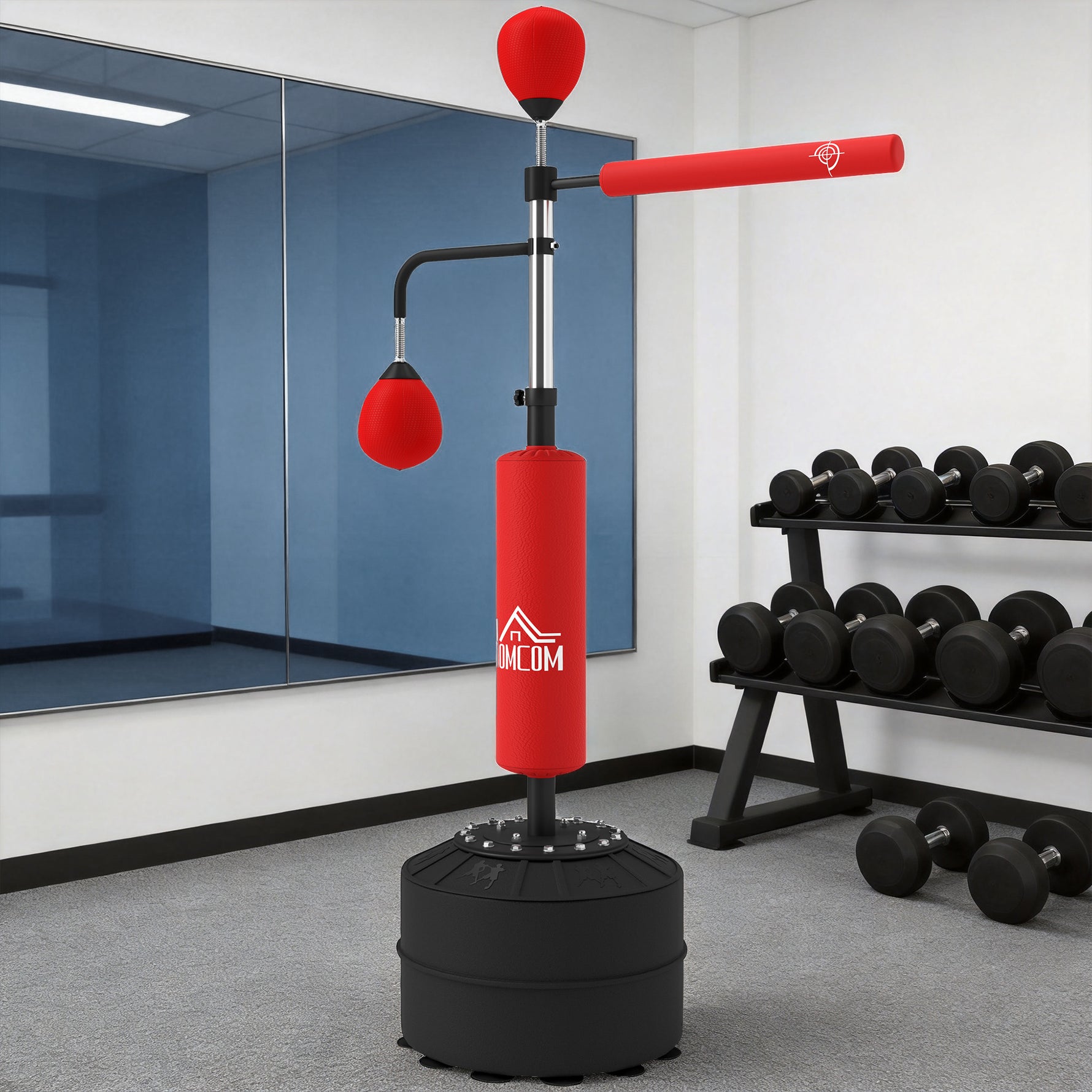 Sac de frappe sur pied 4 en 1 punching ball autonome balles de vitesse barre rotative gants 88 x 50 x 160-230 cm rouge