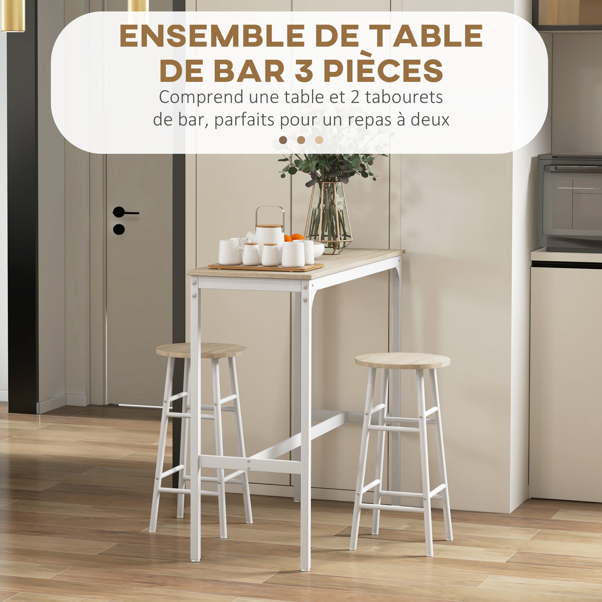Ensemble table haute de bar + 2 tabourets structure en acier plateau aspect bois naturel 2 personnes blanc