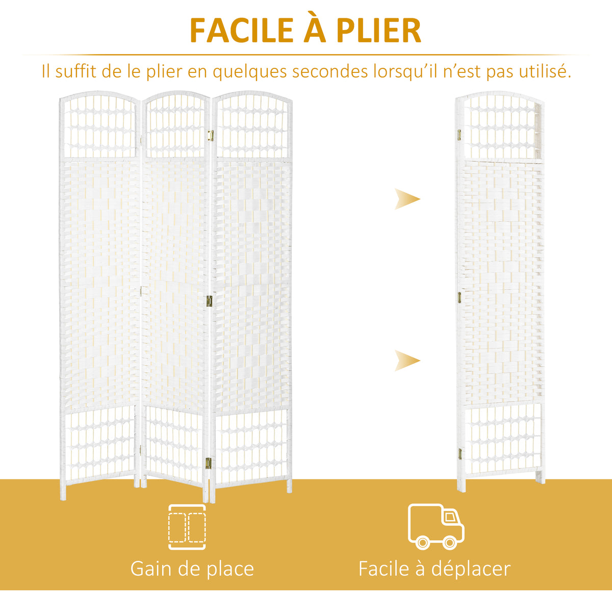 Paravent intérieur en bois séparateur de pièce cloison pliable 3 panneaux 120 x 170 cm blanc